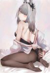  1girl animal_ears arknights ass bangs bare_shoulders bed_sheet blush breasts bunny_tail closed_mouth eyebrows_visible_through_hair eyes_visible_through_hair fishnet_legwear fishnets from_behind frostnova_(arknights) full_body hair_ornament hair_over_one_eye hairclip hand_on_own_ass highres kneeling leotard looking_at_viewer looking_back medium_breasts medium_hair off_shoulder playboy_bunny rabbit_ears ru_zhai silver_hair solo strapless strapless_leotard tail thighs violet_eyes 