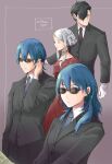  2boys 2girls alternate_costume black_hair blue_eyes blue_hair byleth_(fire_emblem) byleth_eisner_(female) byleth_eisner_(male) closed_eyes closed_mouth dress edelgard_von_hresvelg fire_emblem fire_emblem:_three_houses formal gloves hair_over_one_eye hubert_von_vestra long_sleeves multiple_boys multiple_girls necktie robaco short_hair simple_background suit sunglasses white_gloves white_hair 