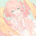  1girl :d angel_wings bare_shoulders bird_wings blush collarbone dress feathered_wings feathers green_eyes hair_between_eyes hands_clasped hands_together head_wings highres interlocked_fingers looking_at_viewer musical_note ope open_mouth own_hands_together pink_hair sansaro_rii short_hair simple_background sleeveless sleeveless_dress smile solo white_wings wings 