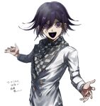  1boy :d bangs black_hair checkered checkered_scarf commentary_request dangan_ronpa_(series) dangan_ronpa_v3:_killing_harmony grey_jacket hair_between_eyes highres jacket long_sleeves looking_at_viewer male_focus open_mouth ouma_kokichi purple_hair scarf short_hair simple_background smile solo straitjacket suzumetarou translation_request upper_body violet_eyes white_background 