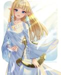  1girl bangle bangs blonde_hair blue_eyes blunt_bangs blush bracelet breasts collarbone commentary cowboy_shot dress feathers hair_tubes harp highres holding holding_instrument instrument jewelry light_rays long_hair looking_at_viewer lyre medium_breasts open_mouth outside_border pointy_ears princess_zelda shuri_(84k) sidelocks smile solo straight_hair the_legend_of_zelda the_legend_of_zelda:_skyward_sword twitter_username white_dress wide_sleeves 
