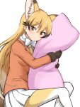  1girl absurdres animal_ear_fluff animal_ears bangs black_gloves black_hair blonde_hair body_pillow bow bowtie expressionless extra_ears eyebrows_visible_through_hair ezo_red_fox_(kemono_friends) fox_ears fox_girl fur-trimmed_sleeves fur_trim gloves gradient_hair hair_between_eyes highres jacket kemono_friends long_hair long_sleeves looking_at_viewer multicolored multicolored_clothes multicolored_hair multicolored_legwear necktie orange_jacket pillow pillow_hug pleated_skirt shiraha_maru simple_background skirt solo tail very_long_hair white_background white_bow white_legwear white_neckwear white_skirt yellow_eyes yellow_legwear yellow_neckwear 
