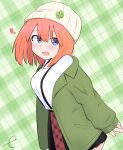  1girl :d bangs beanie black_skirt blue_eyes blush breasts clover commentary_request eyebrows_behind_hair four-leaf_clover go-toubun_no_hanayome green_background green_jacket hair_between_eyes hat heart highres jacket kujou_karasuma long_sleeves looking_at_viewer medium_breasts nakano_yotsuba open_clothes open_jacket open_mouth plaid plaid_background pleated_skirt shirt signature skirt sleeves_past_wrists smile solo white_headwear white_shirt 