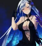  1girl bangs bare_shoulders blue_hair breasts brynhildr_(fate) brynhildr_(swimsuit_berserker)_(fate) collarbone dress_swimsuit fate/grand_order fate_(series) flower gloves hair_flower hair_ornament highres large_breasts long_hair mori_yashiro_(konkon_oyashiro) multicolored_hair navel purple_flower purple_rose rose smile starry_background swimsuit two-tone_hair very_long_hair violet_eyes 