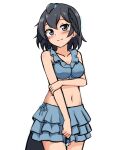  1girl alternate_costume arm_under_breasts bangs bare_arms bare_shoulders black_hair blue_eyes blush breasts collarbone cowboy_shot greater_lophorina_(kemono_friends) hair_between_eyes head_wings highres kemono_friends looking_at_viewer medium_breasts midriff navel shiraha_maru short_hair simple_background smile solo tail twitter_username white_background 