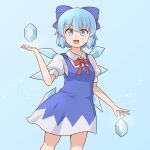 1girl :d bangs blue_background blue_bow blue_dress blue_eyes blue_hair bow bowtie breasts cirno collared_shirt dress eyebrows_visible_through_hair feet_out_of_frame hair_bow highres hirata1412 ice ice_wings light_particles looking_at_viewer open_mouth pinafore_dress puffy_short_sleeves puffy_sleeves red_bow red_neckwear shirt short_hair short_sleeves simple_background small_breasts smile solo standing touhou white_shirt wings 