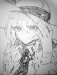  1girl brooch character_request closed_mouth fur_collar gloves greyscale hair_between_eyes hand_up hat highres jewelry looking_at_viewer monochrome neck_ribbon photo_(medium) portrait ribbon shukusuri smile solo sun_hat touhou traditional_media wing_collar 