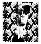  1girl apron bangs blending blunt_bangs blush bob_cut border closed_mouth curtain_grab curtains floral_print frilled_apron frilled_hairband frills greyscale hairband hand_up hatching_(texture) linear_hatching long_sleeves looking_at_viewer maeya_susumu maid-san_wa_taberu_dake maid_apron maid_headdress monochrome official_art one_eye_covered peeking_out short_hair signature smile solo straight-on suzume_(maid-san_wa_taberu_dake) swept_bangs upper_body white_border 