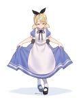  1girl absurdres alice_(wonderland) alice_(wonderland)_(cosplay) alice_in_wonderland apron bangs black_bow black_footwear black_ribbon blonde_hair blue_dress blush bow closed_eyes cosplay curtsey darjeeling_(girls_und_panzer) dress eyebrows_visible_through_hair girls_und_panzer hair_ribbon highres kimi_tsuru mary_janes neck_ribbon ribbon shoes short_twintails skirt_hold smile twintails twitter_username white_apron white_background white_legwear 