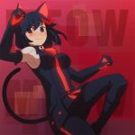  1girl 3four animal_ears black_hair blue_eyes blush breasts cat_ears closed_mouth english_text gloves kill_la_kill looking_at_viewer matoi_ryuuko multicolored_hair redhead short_hair skirt solo tail two-tone_hair 