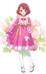  1girl bow brown_hair dress floral_background full_body hair_bow hair_ornament hairclip hanadera_nodoka healin&#039;_good_precure highres kousuke0912 long_sleeves looking_at_viewer pantyhose pink_bow pink_dress precure red_bow shiny shiny_hair short_hair solo standing white_legwear yellow_bow 