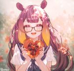  1girl :d alternate_costume artist_name black-framed_eyewear blurry blurry_background blush box commentary_request fangs glasses hair_ornament hairclip heart-shaped_box hololive hololive_english long_hair looking_at_viewer mole mole_under_eye neckerchief nii_a_sleepy_knee ninomae_ina&#039;nis open_mouth pointy_ears purple_hair sailor_collar school_uniform serafuku smile solo tentacle_hair upper_body valentine violet_eyes virtual_youtuber 