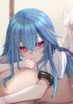  1girl blue_hair closed_mouth eyebrows_visible_through_hair fall_dommmmmer hair_between_eyes highres hinanawi_tenshi long_hair looking_at_viewer lying on_stomach pillow red_eyes short_sleeves solo touhou white_legwear 