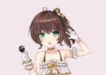  1girl ahoge armpits bangs brown_hair choker collarbone eyebrows_visible_through_hair gloves green_eyes grey_background hair_ornament hand_up hololive medium_hair microphone moegala natsuiro_matsuri open_mouth ribbon side_ponytail simple_background smile solo v 