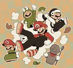  1boy absurdres animal_costume animal_ears black_overalls brown_hair clenched_hand eyebrows_visible_through_hat facial_hair frog_costume hat helmet highres holding holding_staff leaf looking_to_the_side male_focus mario super_mario_bros. multiple_views mustache omura_zojiki open_mouth overalls raccoon_ears raccoon_tail red_headwear shoes staff statue super_mario_bros._3 tail 