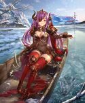  1girl 77gl armor armored_dress bangs boat breasts cleavage_cutout clothing_cutout day demon_horns eyepatch fingerless_gloves gloves high_heels horns large_breasts laura_(shadowverse) long_hair mountainous_horizon outdoors purple_hair red_eyes red_legwear shingeki_no_bahamut shoulder_armor sword thigh-highs water watercraft weapon 