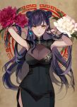  1girl adjusting_hair armpits arms_up bangs black_dress breasts brooch china_dress chinese_clothes collared_dress cowboy_shot curvy double_bun dress floral_background flower gold_trim hair_ornament high_collar highres jewelry koshika_rina large_breasts long_hair looking_at_viewer original parted_lips purple_hair red_flower side_slit sleeveless sleeveless_dress smile solo standing white_flower yellow_eyes 