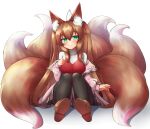  1girl absurdres animal_ear_fluff animal_ears blush breasts brown_footwear closed_mouth commentary commission english_commentary eyebrows_visible_through_hair fox_ears fox_tail green_eyes grey_skirt highres jacket klaius large_breasts long_hair long_sleeves looking_at_viewer multiple_tails off_shoulder open_clothes open_jacket original pigeon-toed pink_jacket plushmallow red_vest simple_background sitting skirt smile solo tail very_long_hair vest white_background 