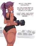  1girl ass back black_sports_bra breasts dark_skin dark-skinned_female dumbbell english_commentary english_text from_behind gym hair_ornament hair_scrunchie katawa_shoujo kneepits long_hair looking_at_viewer looking_back mature medium_breasts miura_miki muscular muscular_female older ponytail purple_hair purple_scrunchie rtil scrunchie solo sports_bra standing sweat thick_thighs thighs upper_body very_dark_skin violet_eyes weightlifting weights 