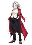  1girl black_pants breasts brown_footwear coat coat_on_shoulders collared_shirt earrings full_body grey_hair hair_between_eyes hands_in_pockets highres jewelry large_breasts long_sleeves looking_at_viewer older pants parted_lips pointy_ears ponytail red_coat red_eyes remilia_scarlet shirt shoes shukusuri simple_background solo stud_earrings touhou untucked_shirt white_background white_shirt wing_collar 