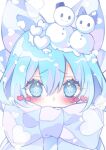  1girl blue_bow blue_eyes blue_hair blush bow cirno commentary covered_mouth hair_between_eyes hair_bow heart highres kyouda_suzuka looking_at_viewer object_on_head portrait scarf scarf_bow short_hair snow_on_head snowflakes snowman snowman_on_head solo symbol-shaped_pupils touhou twitter_username upper_body white_scarf 