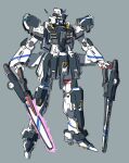 absurdres blue_eyes grey_background gundam highres holding holding_sword holding_weapon kuroba_yotsuha looking_to_the_side mecha mobile_suit no_humans original science_fiction sketch solo standing sword v-fin weapon 