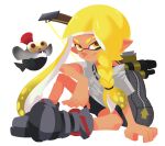  1girl arm_support asymmetrical_hair backpack bag bangs bike_shorts black_footwear blonde_hair blunt_bangs blush bow_(weapon) braid bulging_eyes closed_mouth colored_sclera commentary_request domino_mask eyebrow_cut fish flat_chest full_body grey_shirt hair_tie happy highres inkling isamu-ki_(yuuki) knee_up light_blush long_hair looking_at_viewer mask nose_blush open_mouth orange_eyes pointy_ears red_eyes redhead shiny shiny_hair shirt shoes short_hair short_sleeves simple_background single_braid sitting smallfry_(splatoon) smile solo_focus splatoon_(series) splatoon_3 spread_legs suction_cups teeth tentacle_hair tentacles tied_hair twintails very_long_hair weapon weapon_on_back white_background yellow_sclera zipper zipper_pull_tab 