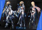  1girl absurdres ass bianca_(punishing_grey_raven) blonde_hair boots bow_(weapon) breasts butt_crack character_name character_sheet covered_navel floating_hair from_behind head_tilt high_heel_boots high_heels highres holding holding_bow_(weapon) holding_weapon long_hair mask medium_breasts mouth_mask multiple_views paintedmike punishing:_gray_raven sideboob standing thigh-highs thigh_boots weapon yellow_eyes 