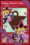  2boys artist_name blonde_hair blue_jacket card_(medium) closed_mouth commentary dated duel_monster happy_valentine heart highres holding jacket kuriboh male_focus millennium_puzzle multicolored_hair multiple_boys mutou_yuugi outline pants purple_ribbon ribbon shirt shoes smile soya_(sys_ygo) spiky_hair valentine yami_yuugi yu-gi-oh! 
