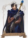 1boy bags_under_eyes black_hair blue_cape cape character_name dungeons_&amp;_dragons:_shadow_over_mystara dungeons_and_dragons english_commentary gloves highres holding holding_staff male_focus morry multicolored_hair nose short_hair solo spiky_hair staff streaked_hair syous white_gloves white_hair 