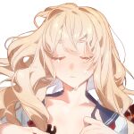  1girl absurdres blonde_hair blush closed_eyes closed_mouth collarbone highres long_hair original sailor_collar school_uniform shirt simple_background solo teardrop tearing_up tears tefco upper_body wavy_hair white_background 