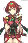  1girl breasts earrings gloves gofelem jewelry large_breasts letter pyra_(xenoblade) red_eyes redhead short_hair simple_background skindentation solo super_smash_bros. white_background xenoblade_chronicles_(series) xenoblade_chronicles_2 