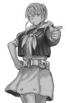  1girl bangs belt breasts finger_gun greyscale hair_between_eyes hand_on_hip highres intrepid_(kancolle) kantai_collection large_breasts monochrome mrdotd neck_pillow one_eye_closed ponytail pouch shirt short_sleeves simple_background sketch skirt solo 