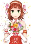 1girl :d amami_haruka asymmetrical_sleeves bangs bouquet bow brown_hair bustier collarbone detached_collar elbow_gloves eyebrows_visible_through_hair flower gloves green_eyes hair_bow hair_flower hair_ornament highres holding holding_bouquet idolmaster idolmaster_(classic) looking_at_viewer open_mouth pink_flower purple_flower red_flower red_rose rose shiny shiny_hair short_hair smile solo suzumo70 tears upper_body white_background white_bow white_flower white_gloves yellow_flower 