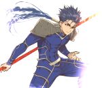  1boy abs armor blue_eyes commentary_request cowboy_shot cu_chulainn_(fate)_(all) dangle_earrings earrings fate/grand_order fate_(series) gae_bolg_(fate) h-y-d holding holding_spear holding_weapon jewelry lancer long_hair long_sleeves male_focus polearm ponytail red_eyes shoulder_armor simple_background smile solo spear spiky_hair weapon white_background 