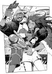  2boys absurdres blush cape champion_uniform closed_eyes commentary_request dangae dark_skin dark_skinned_male dynamax_band facial_hair fur-trimmed_cape fur_trim gen_4_pokemon gloves greyscale gym_leader highres holding_trophy hood hoodie korean_commentary leon_(pokemon) long_hair male_focus monochrome multiple_boys number open_mouth pokemon pokemon_(game) pokemon_swsh raihan_(pokemon) rotom rotom_phone shirt short_shorts shorts single_glove smile stadium teeth tongue trophy |d 