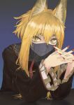  1girl animal_ears blonde_hair commentary_request eyebrows_visible_through_hair fox_ears frilled_sleeves frills highres interlocked_fingers mouth_veil nito_(nshtntr) original red_nails see-through short_hair_with_long_locks slit_pupils smile solo thick_eyebrows upper_body yellow_eyes 