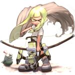  1girl absurdres asymmetrical_hair bangs bike_shorts blue_footwear blunt_bangs bow_(weapon) braid closed_mouth domino_mask green_eyes highres hiyamugi holding holding_bow_(weapon) holding_weapon ink_tank_(splatoon) inkling legs_apart light_green_hair long_hair looking_at_viewer mask pet_smallfry_(splatoon_3) pointy_ears salmonid shadow shirt shoes short_sleeves simple_background single_braid smallfry_(splatoon) smile splatoon_(series) splatoon_3 standing suction_cups t-shirt tentacle_hair torn_clothes torn_shirt very_long_hair weapon white_background white_shirt 