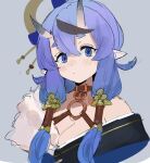  1girl blue_eyes blush breasts eyebrows_visible_through_hair hair_ornament hair_tubes highlights horns long_hair looking_at_viewer medium_breasts multicolored_hair nijisanji omnki_jr oni oni_horns pointy_ears purple_hair rindou_mikoto simple_background solo thick_eyebrows virtual_youtuber 