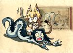  2girls animal_ears apep bastet blonde_hair cat cat_ears cat_girl cat_tail commission egyptian_mythology english_commentary holding holding_weapon kopesh lamia long_hair monster_girl multiple_girls reference_photo reference_work scales setz snake tail weapon 