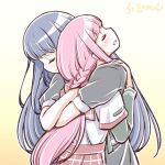  2girls artist_name blue_hair braid closed_eyes hug long_hair low_ponytail magia_record:_mahou_shoujo_madoka_magica_gaiden mahou_shoujo_madoka_magica multiple_girls nanami_yachiyo pink_hair school_uniform serafuku studiozombie tamaki_iroha yuri 