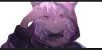  1girl animal_ears choker collar eyebrows_visible_through_hair fang hair_between_eyes highres hololive hood hood_up hoodie letterboxed looking_at_viewer nekomata_okayu purple_hair sawada_2222 short_hair simple_background smile solo violet_eyes white_background 