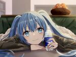  1girl bangs black_sweater blue_eyes blue_hair bottle closed_mouth eyebrows_visible_through_hair hair_between_eyes hatsune_miku highres holding holding_bottle kotatsu long_hair long_sleeves looking_at_viewer lying macha_3939 on_stomach shiny shiny_hair sleeves_past_wrists smile solo sweater table under_kotatsu under_table very_long_hair vocaloid 