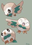  absurdres closed_eyes closed_mouth commentary gen_7_pokemon green_background highres looking_at_viewer multiple_views no_humans open_mouth ouran pokemon pokemon_(creature) rowlet signature simple_background tongue 