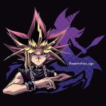  1boy artist_name black_hair blonde_hair bracelet bright_pupils card chain closed_mouth commentary_request dark_magician hand_up holding holding_card jewelry male_focus multicolored_hair outline shirt soya_(sys_ygo) spiky_hair upper_body yami_yuugi yu-gi-oh! 