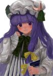  1girl b_nosk101 bangs blunt_bangs book capelet closed_mouth commentary_request crescent_hat_ornament dress eyebrows_visible_through_hair green_neckwear green_ribbon hair_ribbon hat hat_ornament hat_ribbon highres holding holding_book long_hair looking_at_viewer mob_cap patchouli_knowledge purple_hair ribbon sidelocks simple_background sleeves_past_wrists solo striped touhou upper_body vertical_stripes violet_eyes white_background white_capelet white_dress white_headwear wide_sleeves yellow_ribbon 