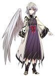  1girl ankle_boots arm_tattoo arms_at_sides boots braid closed_mouth coat dress feathered_wings french_braid grey_hair grey_wings high_heel_boots high_heels highres kishin_sagume long_dress long_sleeves looking_at_viewer medium_hair open_clothes open_coat purple_dress red_eyes shukusuri single_wing solo standing tattoo toeless_boots touhou white_coat wings 