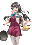  1girl absurdres black_hair blazer blouse blue_bow bow bowtie breasts dish dress fang food fried_rice green_eyes grey_legwear hair_down hairband halterneck highres holding holding_food jacket kantai_collection large_breasts long_hair looking_at_viewer multicolored_hair naganami_(kancolle) pantyhose pink_hair pleated_skirt remodel_(kantai_collection) shirt skirt solo standing tanabe_(fueisei) thigh-highs two-tone_hair wavy_hair white_blouse white_hairband white_shirt wok 