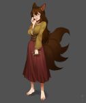  1girl absurdres animal_ears bags_under_eyes bangs barefoot biting brown_hair clenched_teeth commentary commission english_commentary fox_ears fox_girl fox_tail full_body grey_background hair_between_eyes highres kitsune less long_hair long_skirt long_sleeves looking_at_viewer multiple_tails original red_skirt shirt simple_background skirt solo standing tail teeth thumb_biting waraningyou wavy_hair yellow_eyes yellow_shirt 