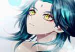  1boy absurdres bangs bare_shoulders black_hair closed_mouth diamond-shaped_pupils diamond_(shape) facial_mark forehead_mark genshin_impact green_hair highres long_hair looking_up male_focus multicolored_hair parted_bangs rvve simple_background slit_pupils solo steam symbol-shaped_pupils wet xiao_(genshin_impact) yellow_eyes 
